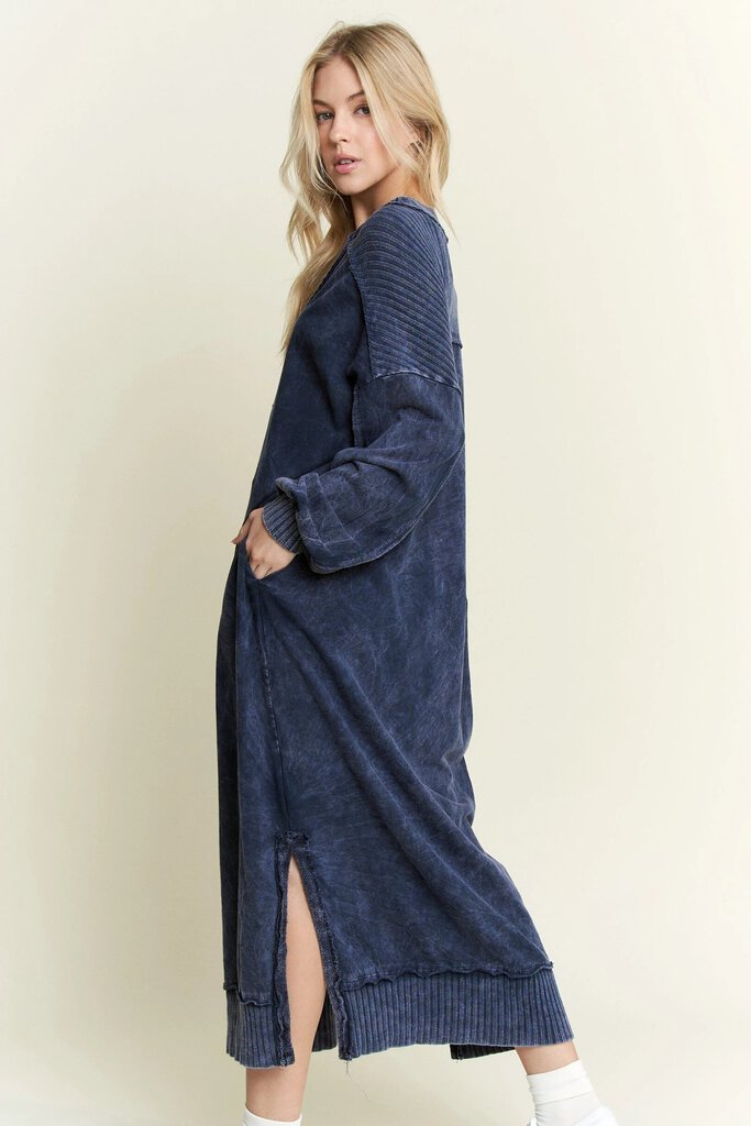 J HER BLUE MINERAL WASH POCKET LONG SLEEVE DRESS