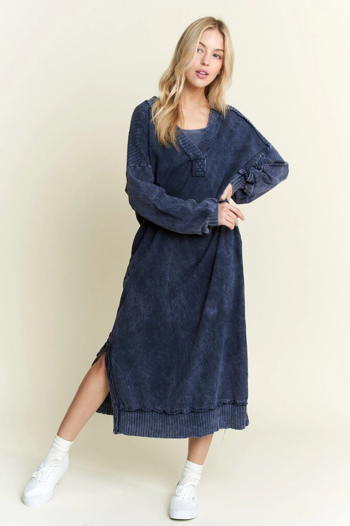 J HER BLUE MINERAL WASH POCKET LONG SLEEVE DRESS