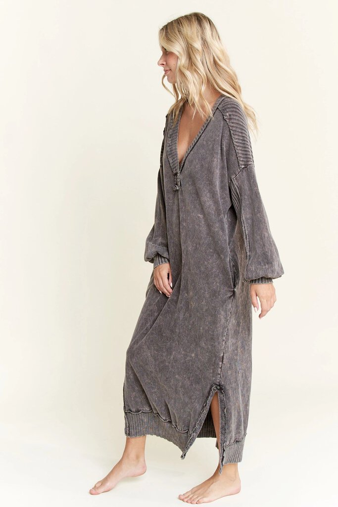 J HER BLACK MINERAL WASH POCKET LONG SLEEVE DRESS