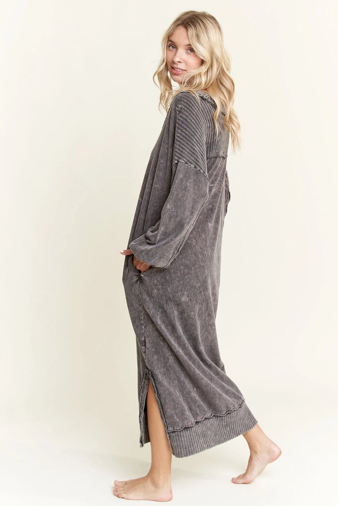 J HER BLACK MINERAL WASH POCKET LONG SLEEVE DRESS