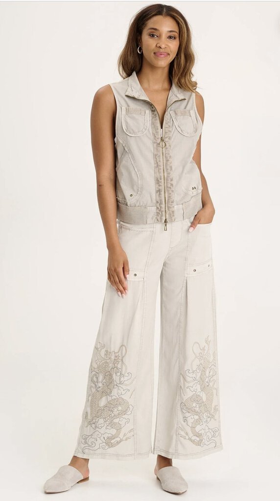 XCVI Light Grey Wide Leg Embroidered Pant