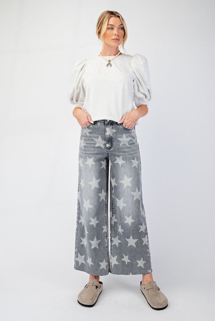 EASEL Washed Black Highwaist Wide Leg Denim Star Jean