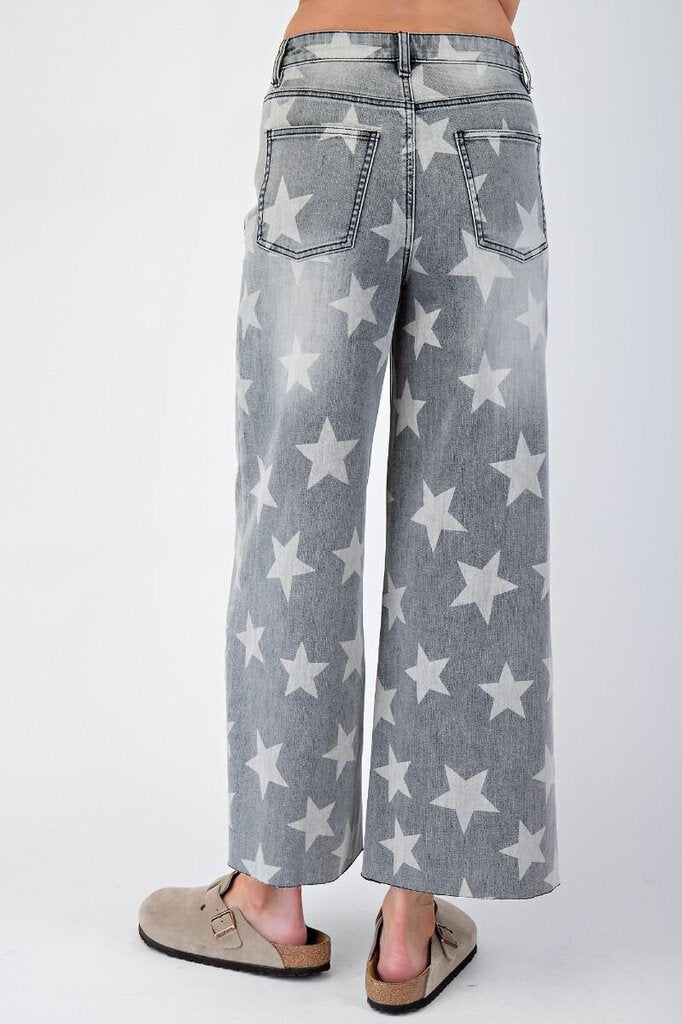 EASEL Washed Black Highwaist Wide Leg Denim Star Jean