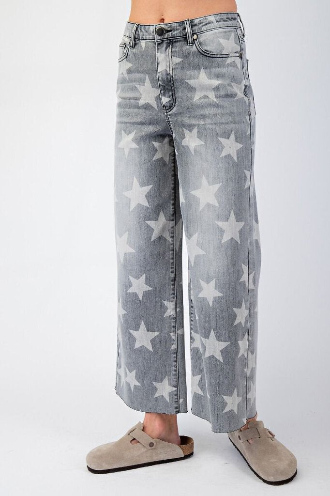 EASEL Washed Black Highwaist Wide Leg Denim Star Jean