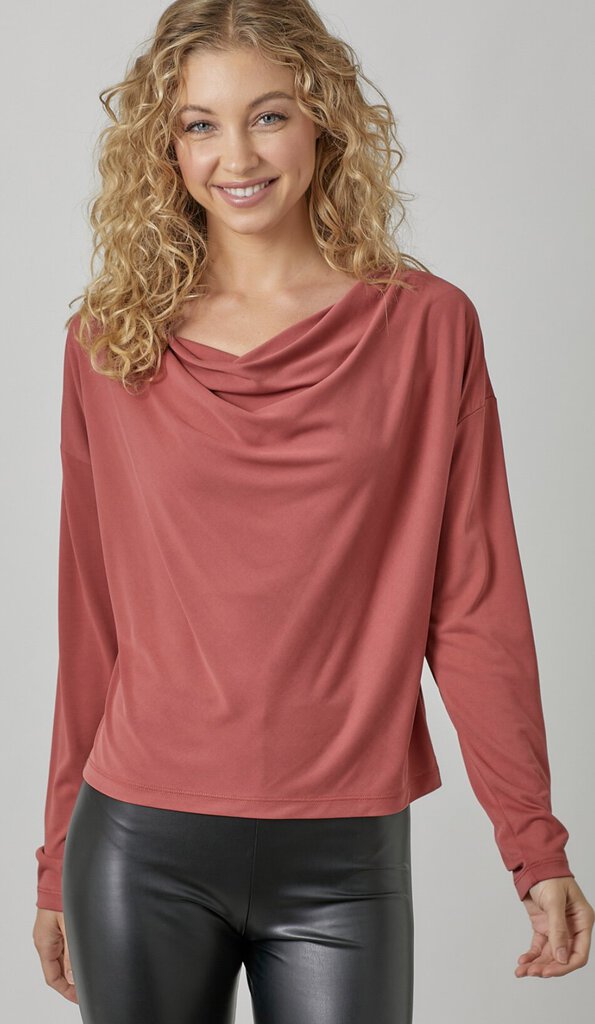 MYSTREE Washed Red Long Sleeve Cowl Neck Top