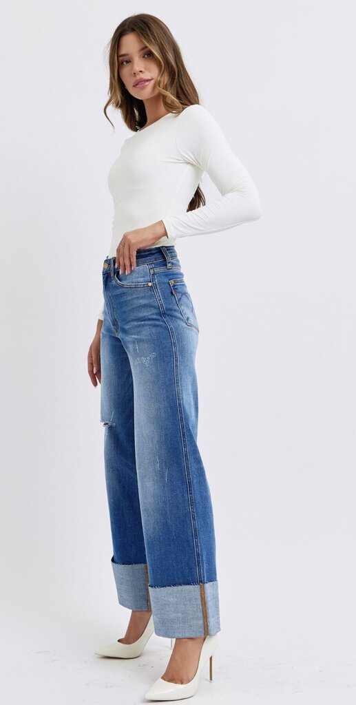 JUDY BLUE High Waist Retro Wide Leg Cuff Jean