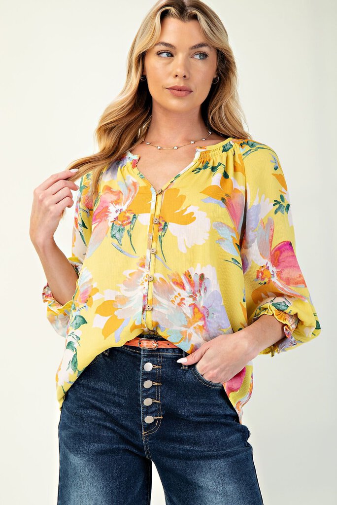 EASEL Yellow Mixed Floral Balloon Sleeve Top