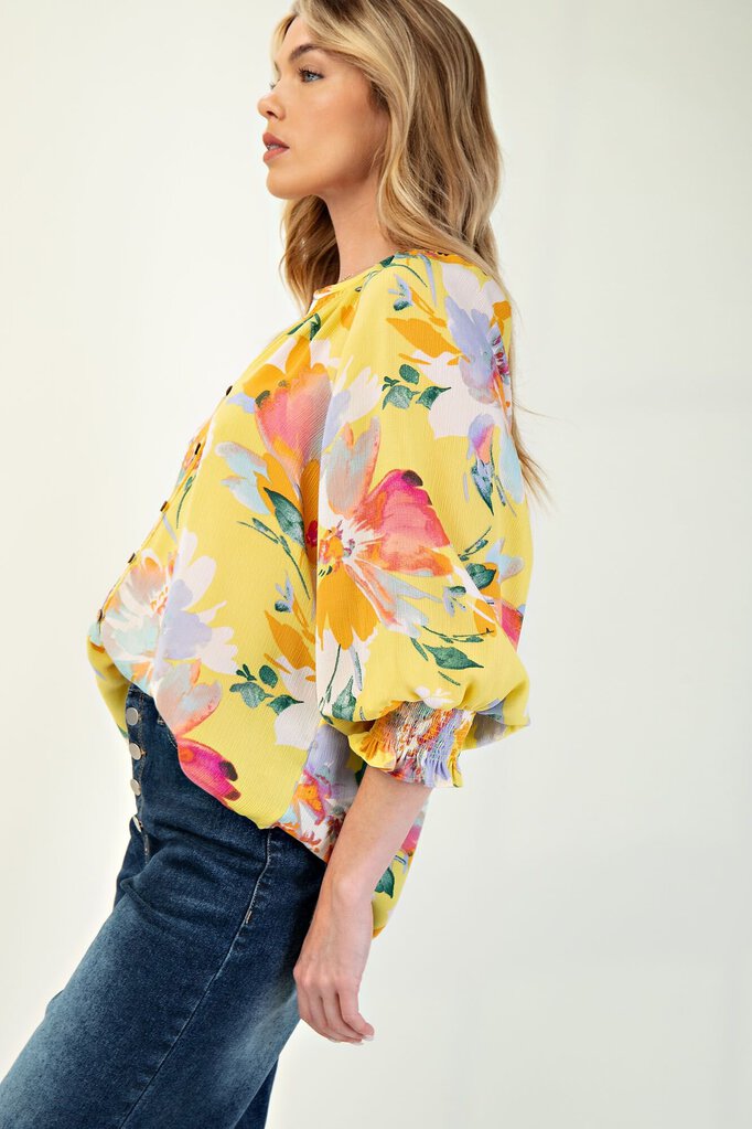 EASEL Yellow Mixed Floral Balloon Sleeve Top