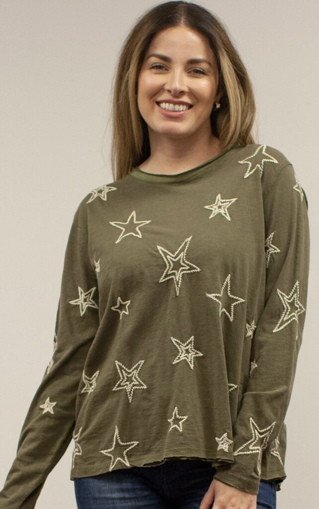 KAYLA SEO Green Long Sleeve Tee with embridered Stars Top