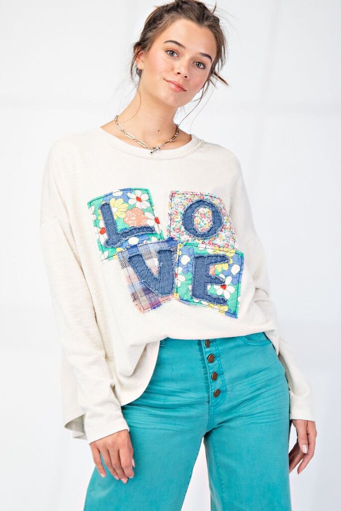 EASEL Butter Cream Ribbed Knit Long Sleeve Love Patch Top