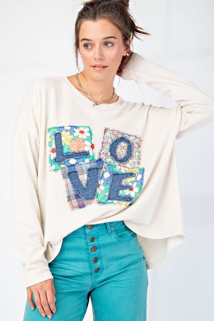 EASEL Butter Cream Ribbed Knit Long Sleeve Love Patch Top