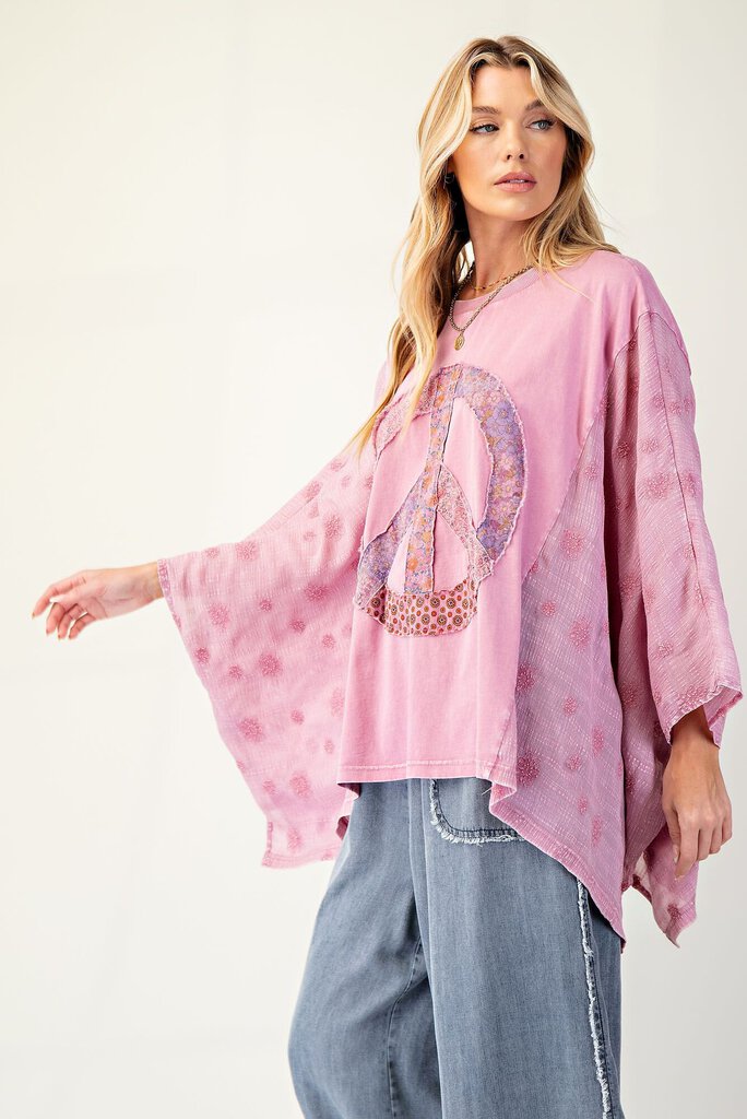 EASEL Dusty Rose Mineral Wash Peace Patch Poncho Top