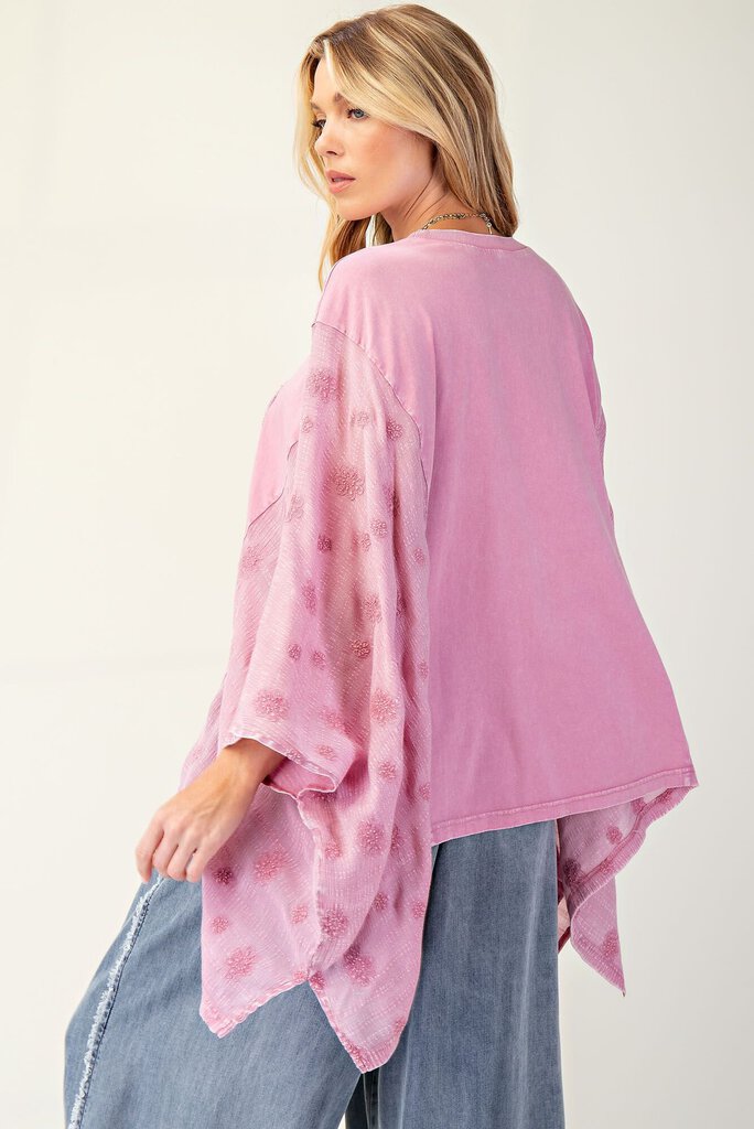 EASEL Dusty Rose Mineral Wash Peace Patch Poncho Top