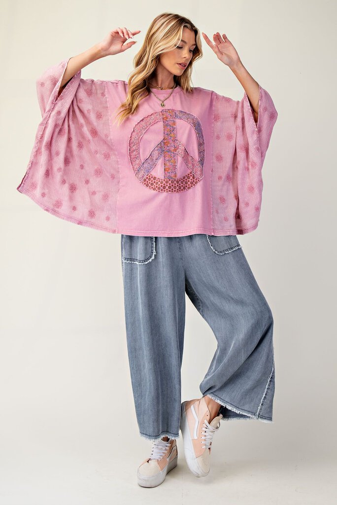 EASEL Dusty Rose Mineral Wash Peace Patch Poncho Top