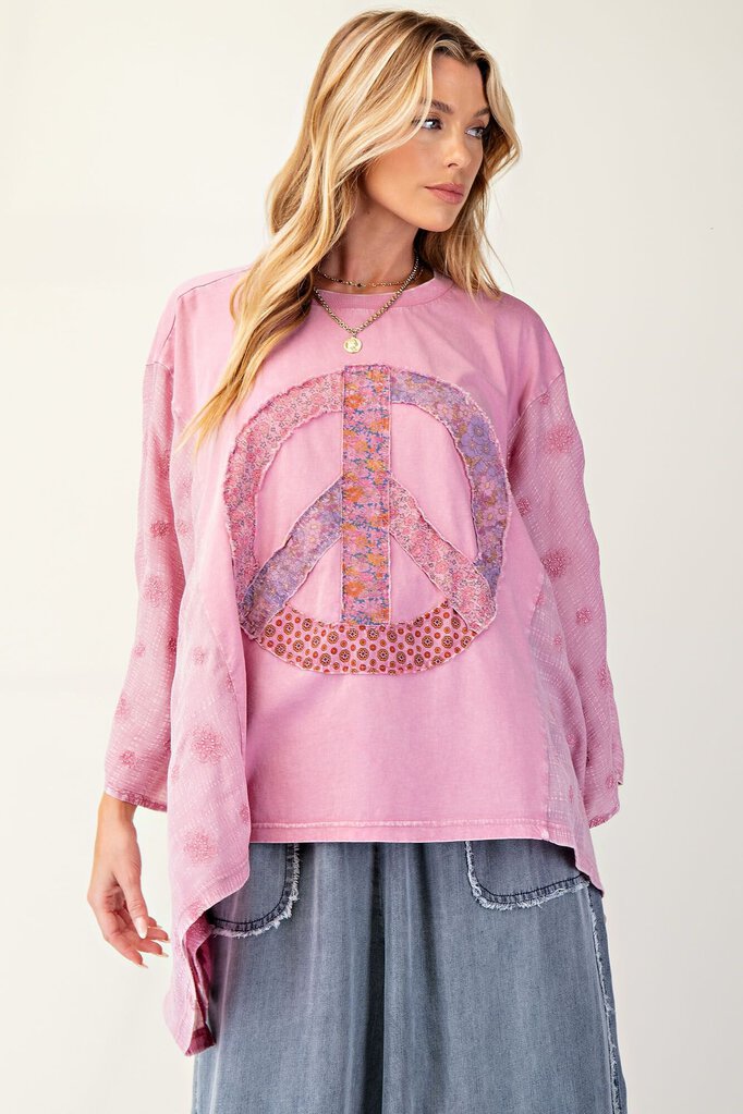 EASEL Dusty Rose Mineral Wash Peace Patch Poncho Top