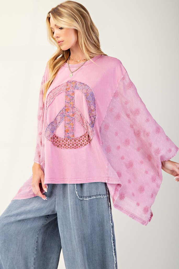 EASEL Dusty Rose Mineral Wash Peace Patch Poncho Top