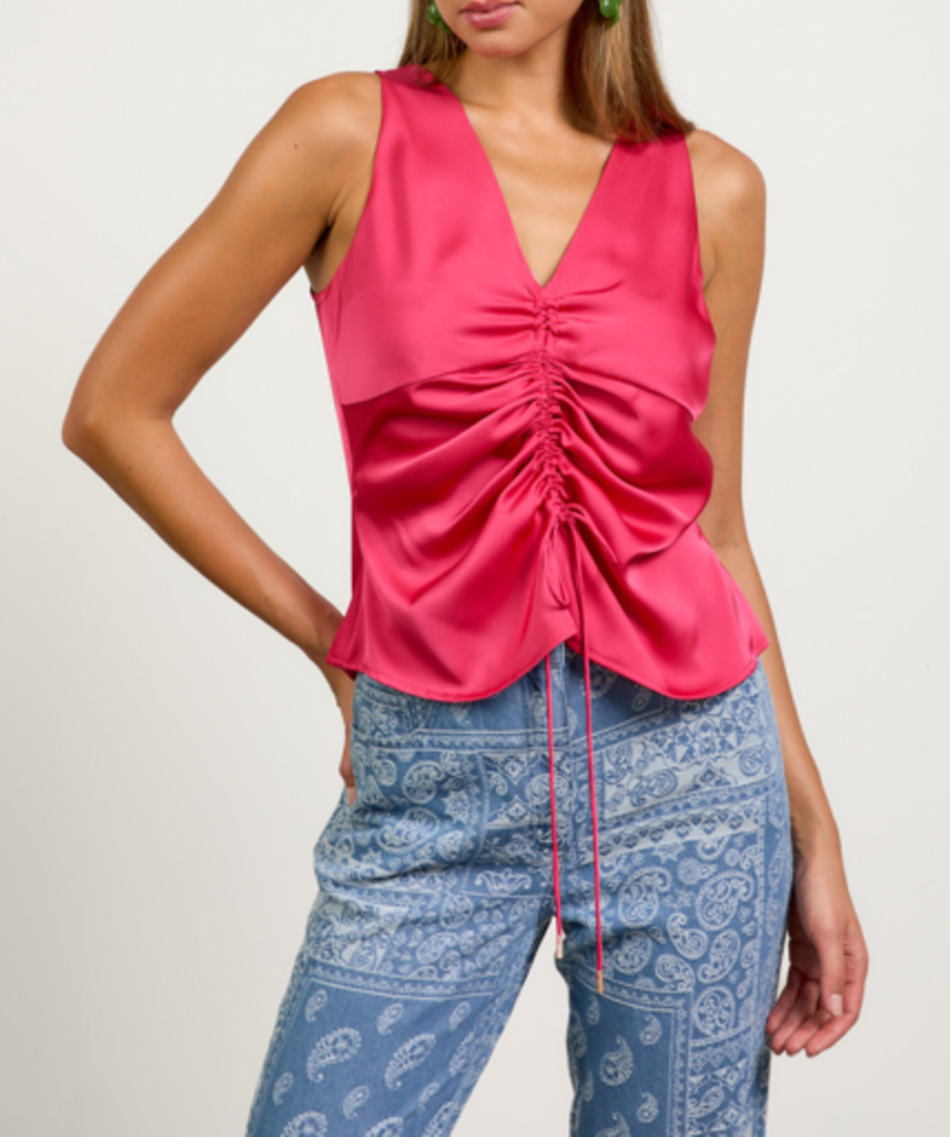 SKIES ARE BLUE Sleeveless Pink V-neck Gathered Front Top