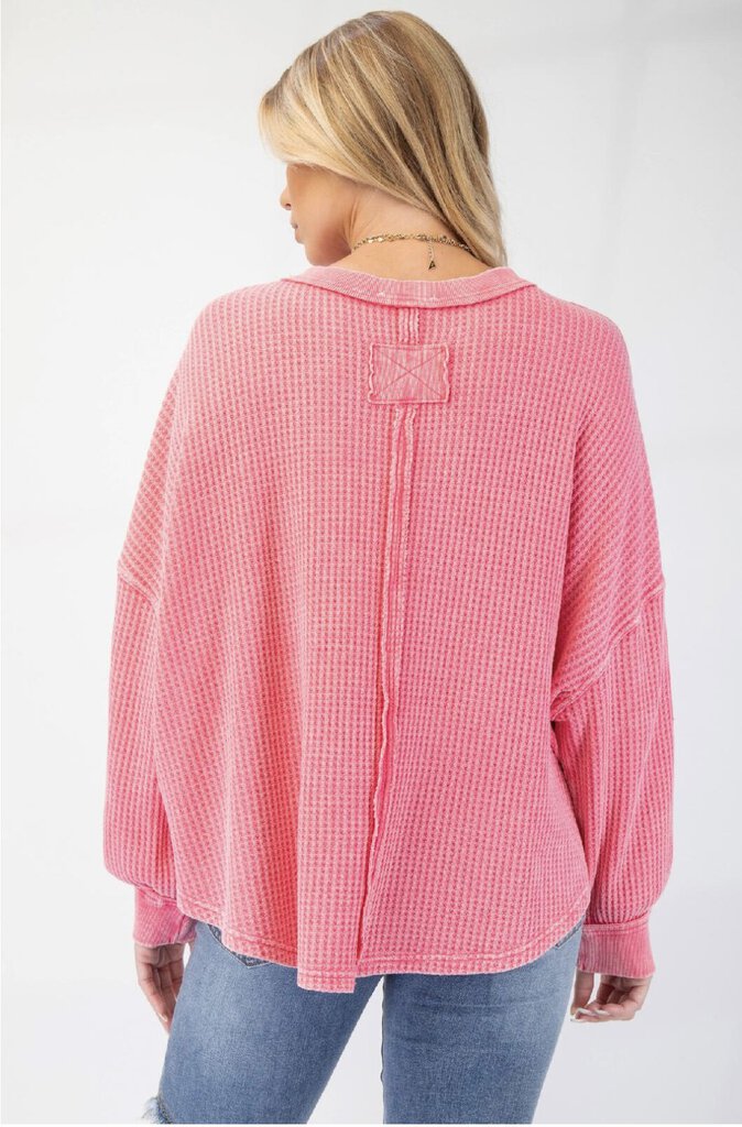 EASEL Pink Cotton Mineral Wash Long Sleeve Peace Patch Top