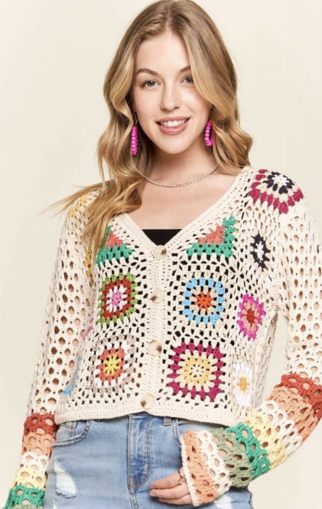 ADORA CREAM MULTI COLOR CROCHET CARDIGAN TOP