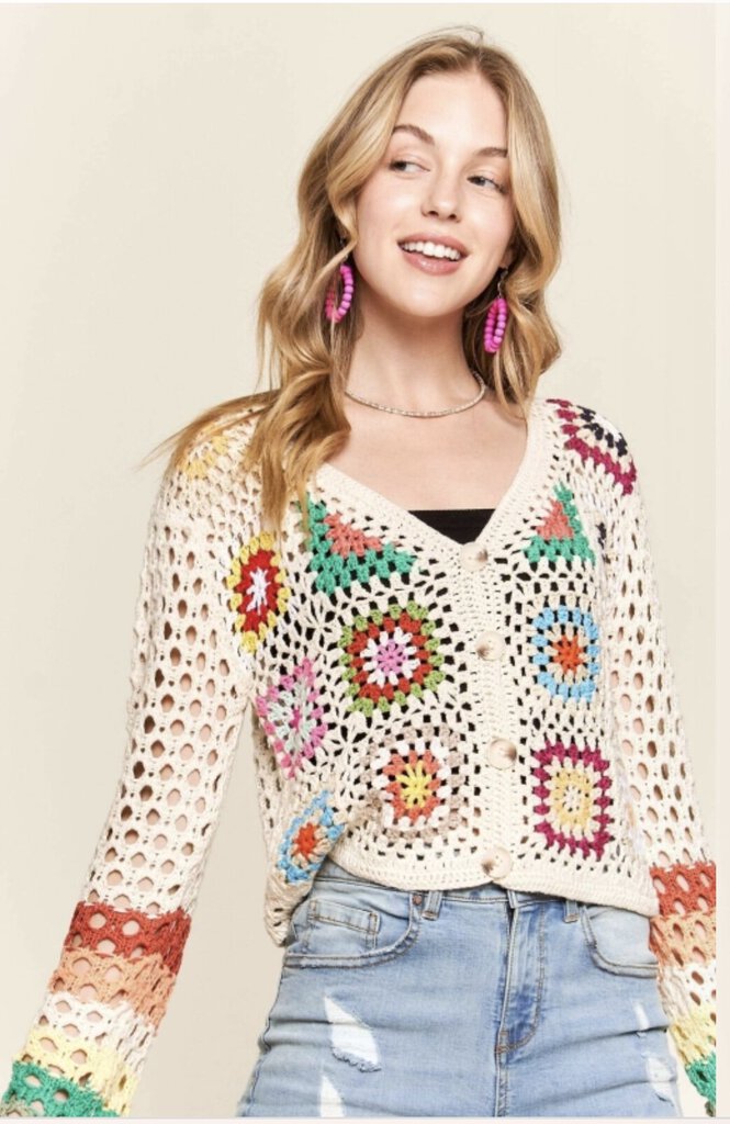 ADORA CREAM MULTI COLOR CROCHET CARDIGAN TOP