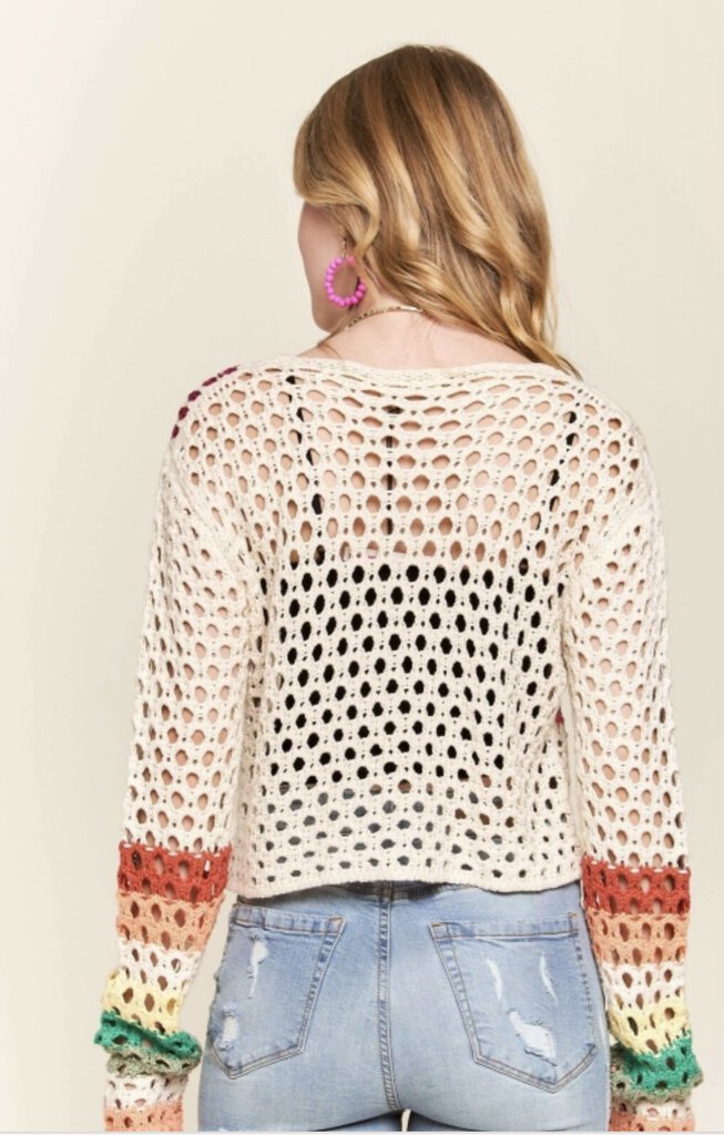 ADORA CREAM MULTI COLOR CROCHET CARDIGAN TOP