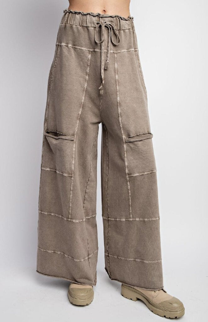 EASEL Mocha Wide Leg Mineral Wash Terry Knit Cargo lounge Pant