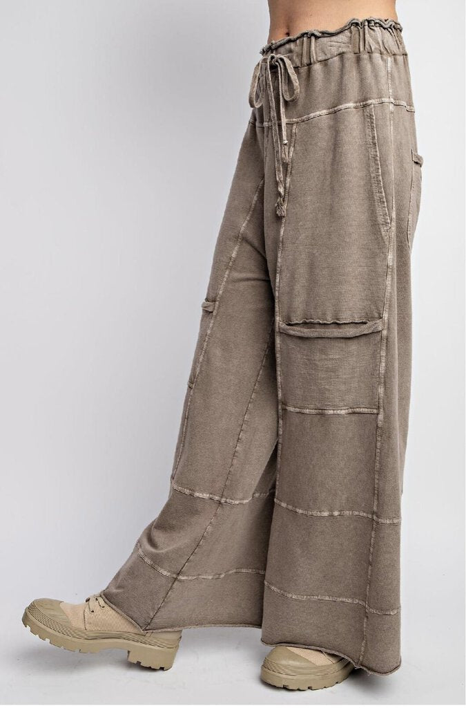 EASEL Mocha Wide Leg Mineral Wash Terry Knit Cargo lounge Pant