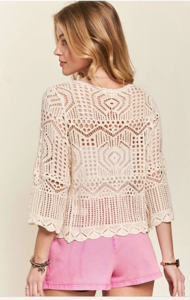 ADORA Cream Cotton Crochet Mid Sleeve Top