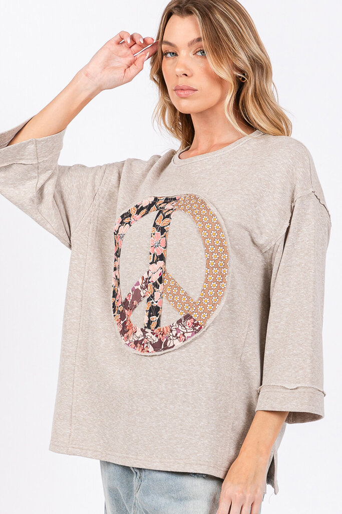 SAGE & FIG Oatmeal Mid Sleeve with Peace Patch Top