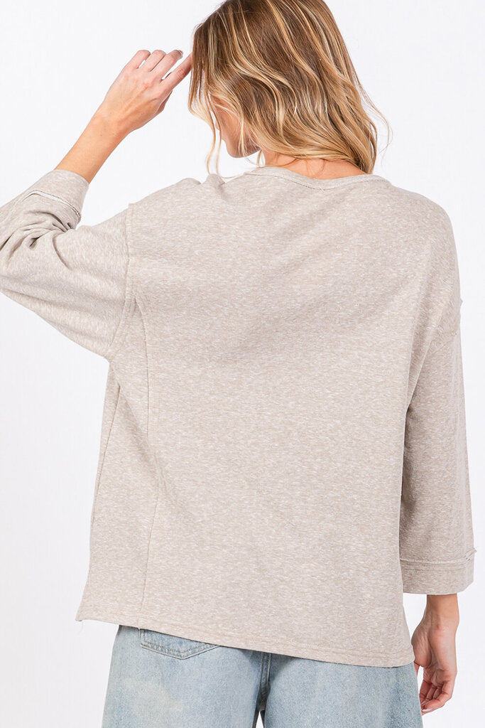 SAGE & FIG Oatmeal Mid Sleeve with Peace Patch Top