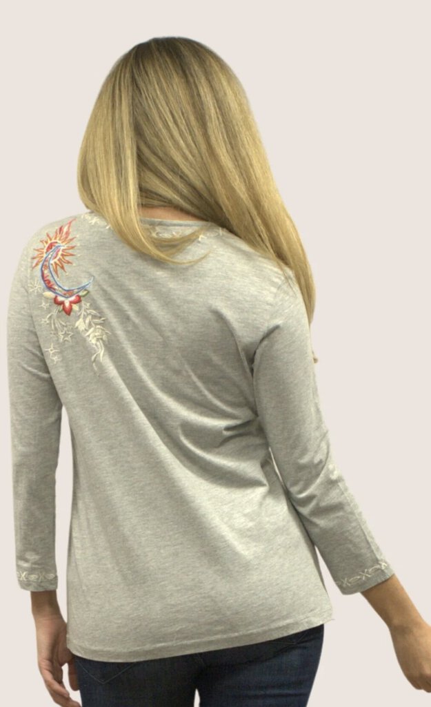 CAITE Heather Grey V-neck Cotton Embroidered Mid Sleeve Top