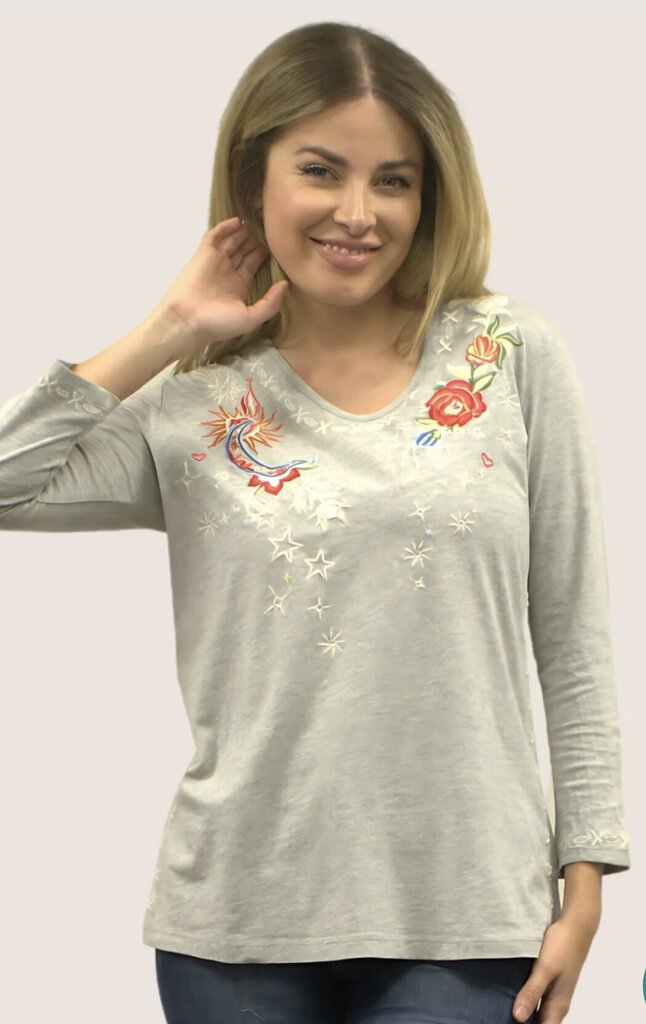 CAITE Heather Grey V-neck Cotton Embroidered Mid Sleeve Top