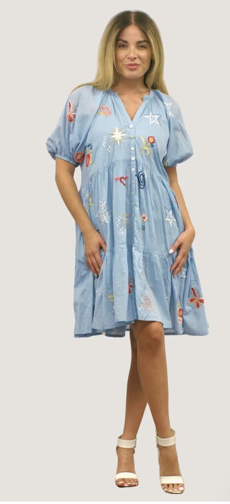 KYLA SEO Blue Short Sleeve Cotton Embroidered Tiered Dress