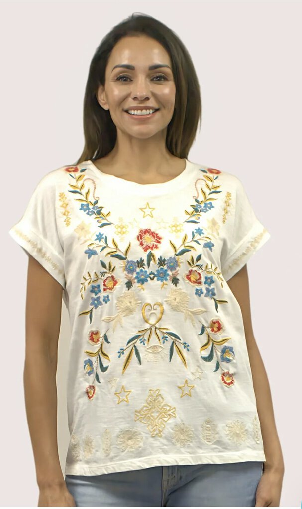 CAITE White Embroiderd Short Sleeve Cotton Top