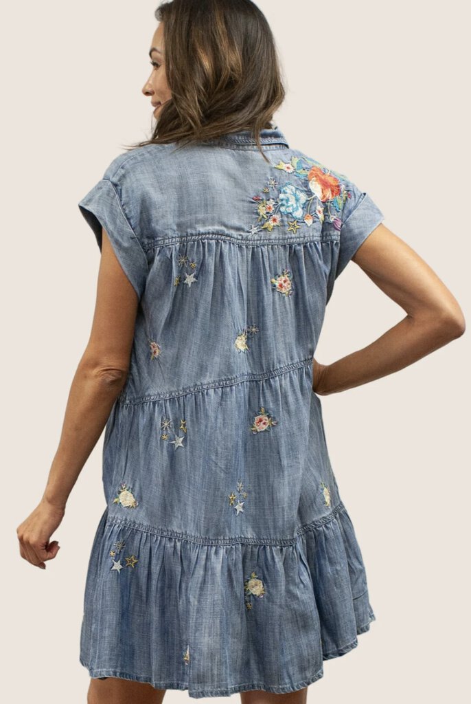 KYLA SEO Short Sleeve Embroidered Denim Tiered Dress