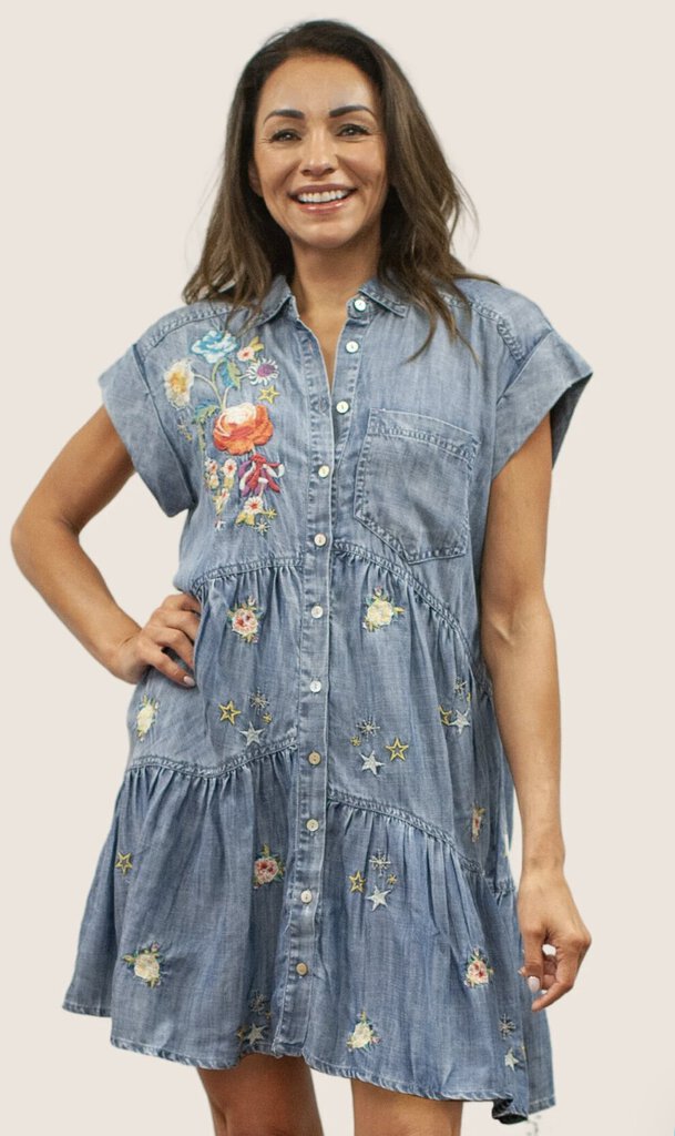 KYLA SEO Short Sleeve Embroidered Denim Tiered Dress