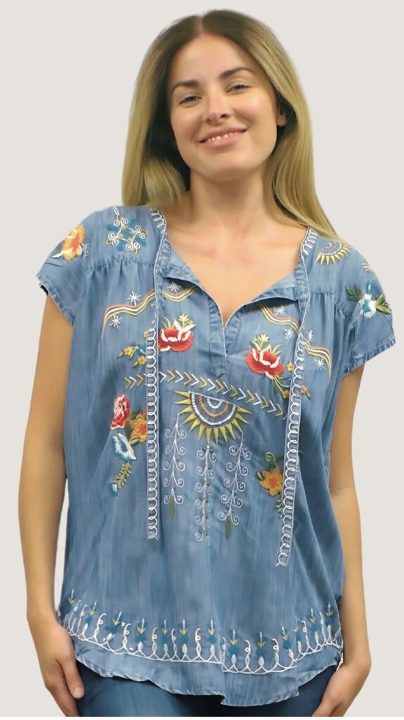 KYLA SEO Denim Short Sleeve Embroidered Top