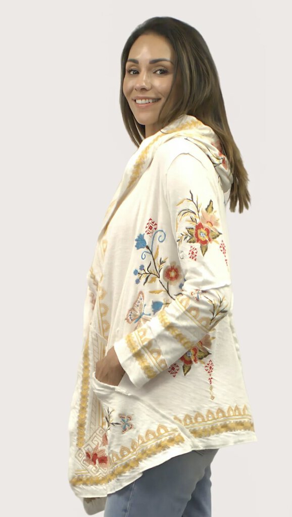 CAITE White Long Sleeve Cotton Embroidered Hoodie Duster Jacket