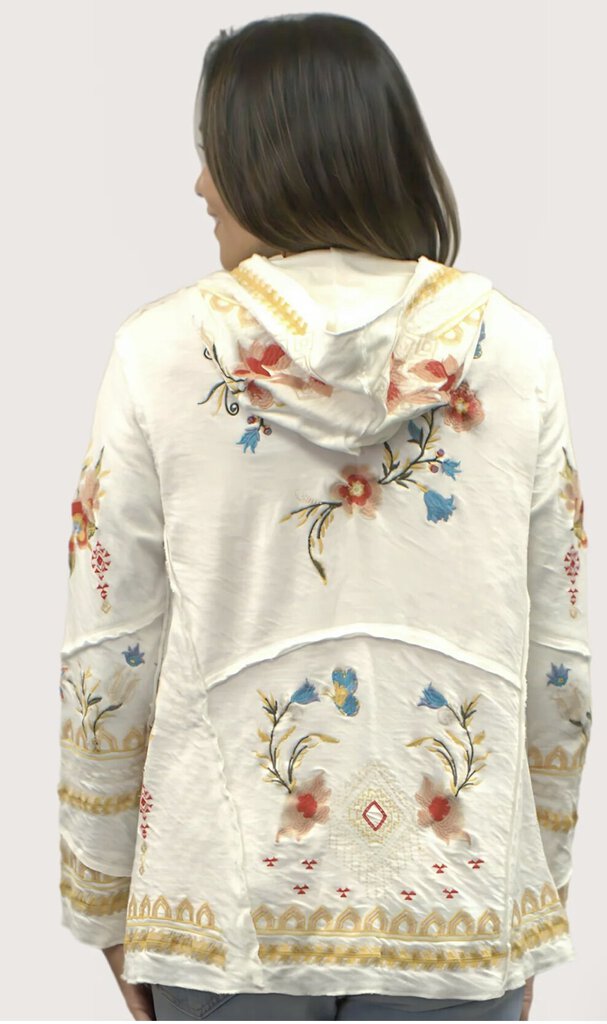 CAITE White Long Sleeve Cotton Embroidered Hoodie Duster Jacket