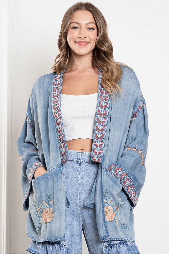 BLUE VELVET EMBROIDERED WASHED DENIM DUSTER JACKET