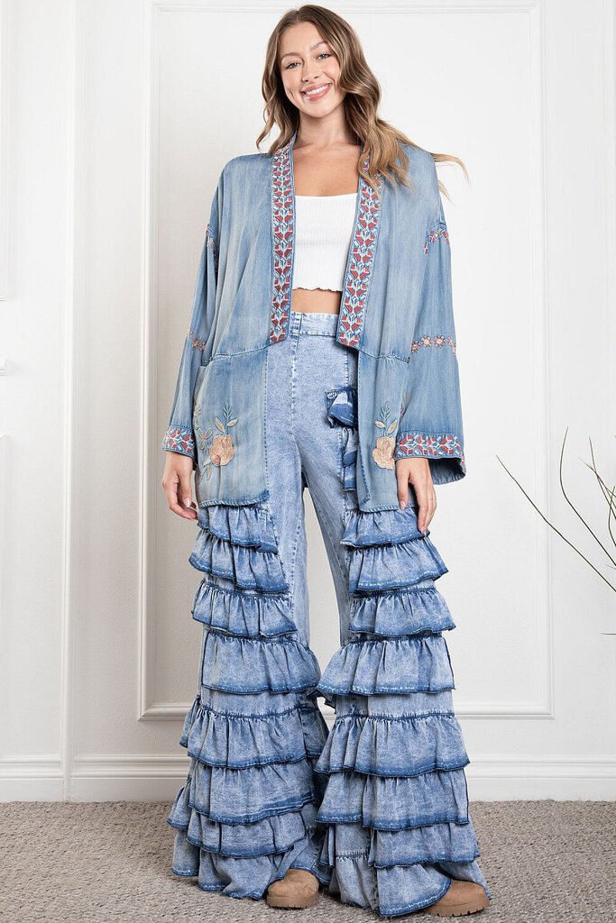 BLUE VELVET EMBROIDERED WASHED DENIM DUSTER JACKET