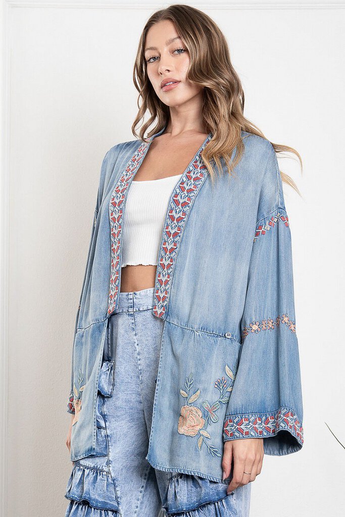 BLUE VELVET EMBROIDERED WASHED DENIM DUSTER JACKET