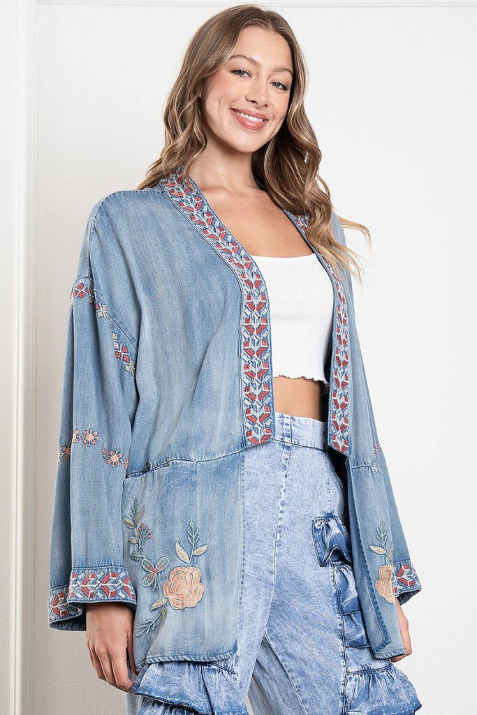 BLUE VELVET EMBROIDERED WASHED DENIM DUSTER JACKET