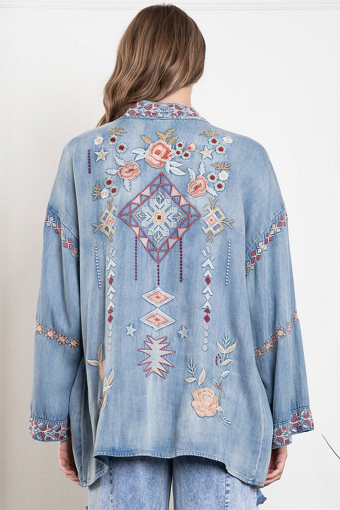 BLUE VELVET EMBROIDERED WASHED DENIM DUSTER JACKET