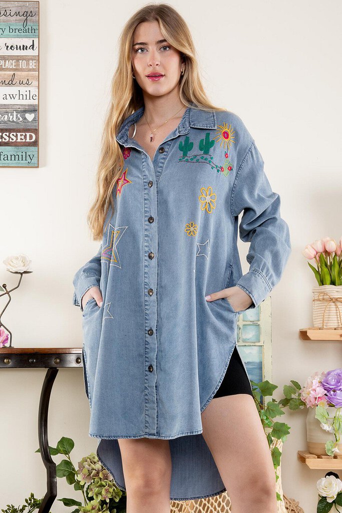 BLUE VELVET Lightweight Long Sleeve Button Down Embroidered Top