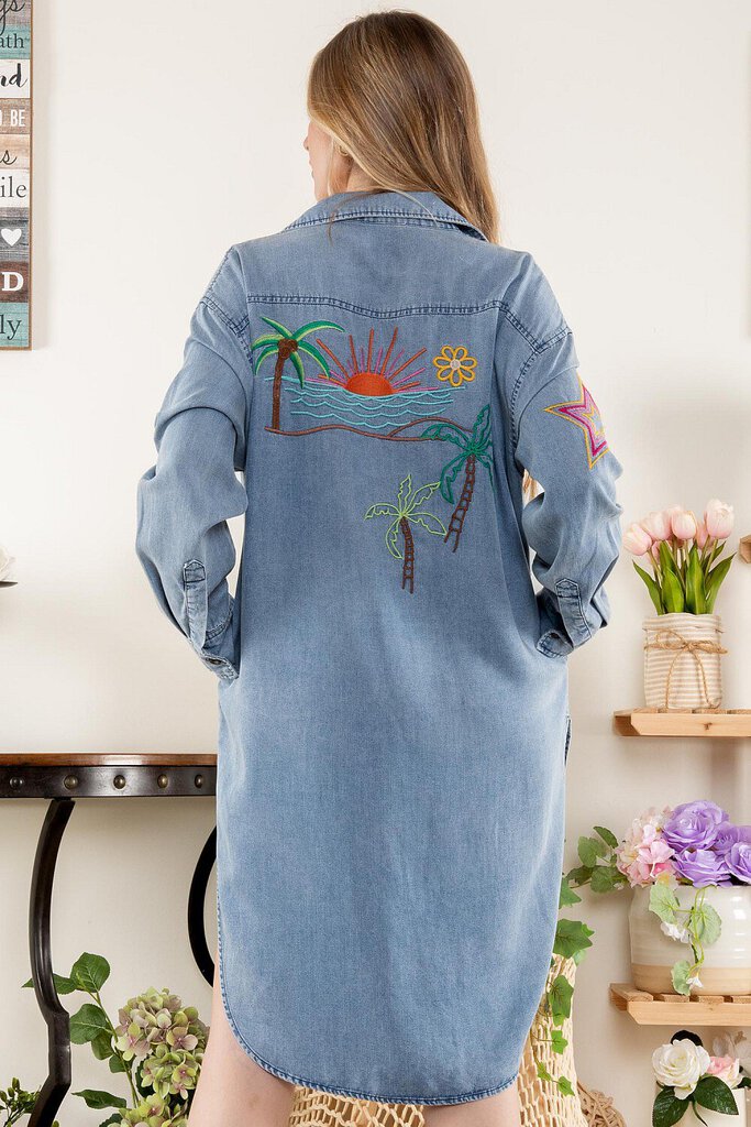 BLUE VELVET Lightweight Long Sleeve Button Down Embroidered Top