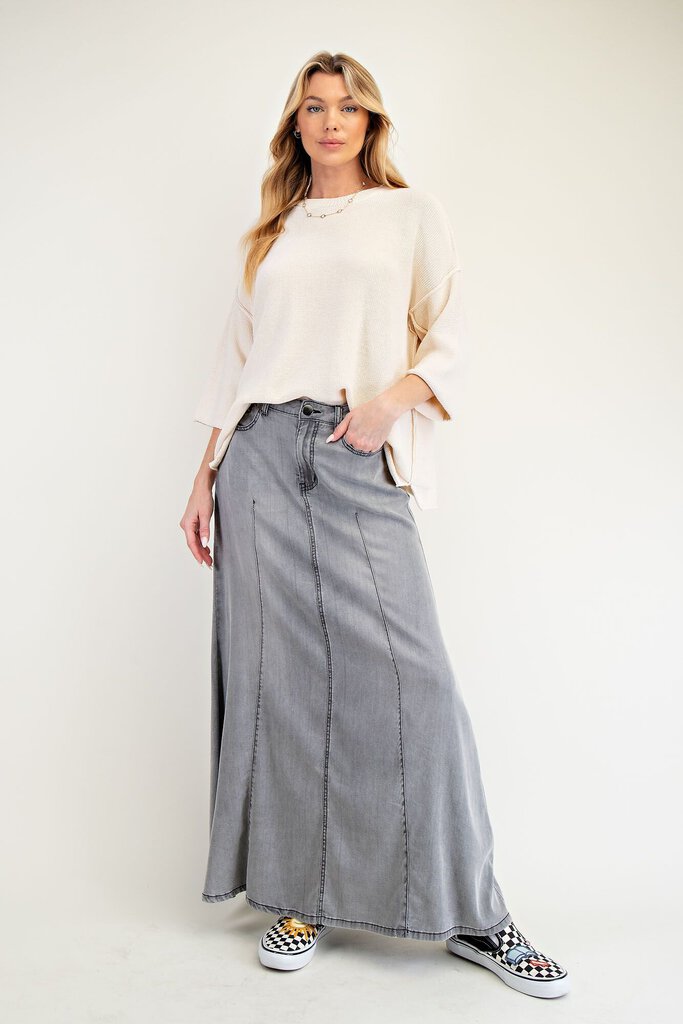 EASEL Long Washed Black Denim Light Weight Skirt