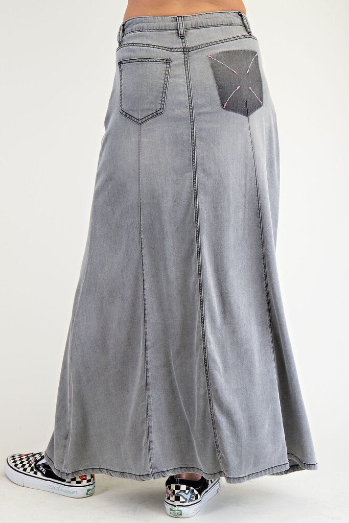 EASEL Long Washed Black Denim Light Weight Skirt