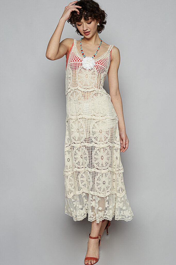 POL Sleeveless Long Crochet V-neck Maxi Dress