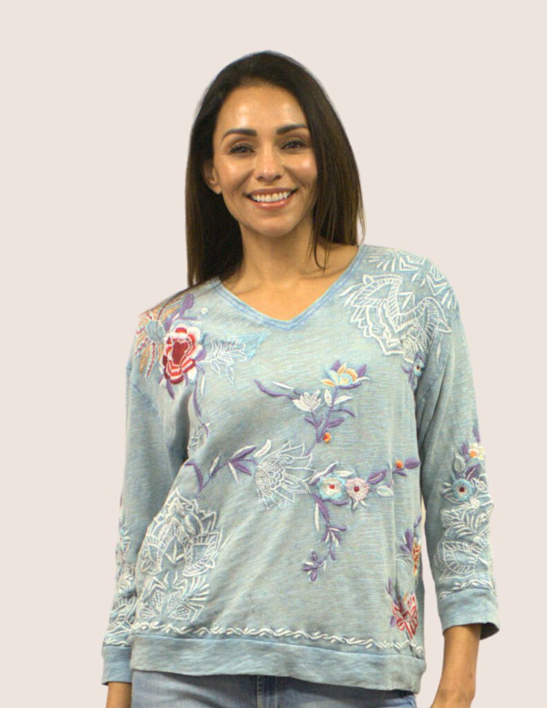 CAITE Blue Fog V-neck Embroidered Mid Sleeve Top